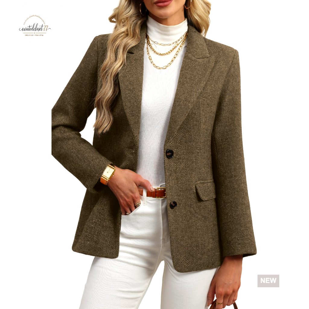 Oversized Wool Blend Tweed Blazer Herringbone Business Casual Jacket